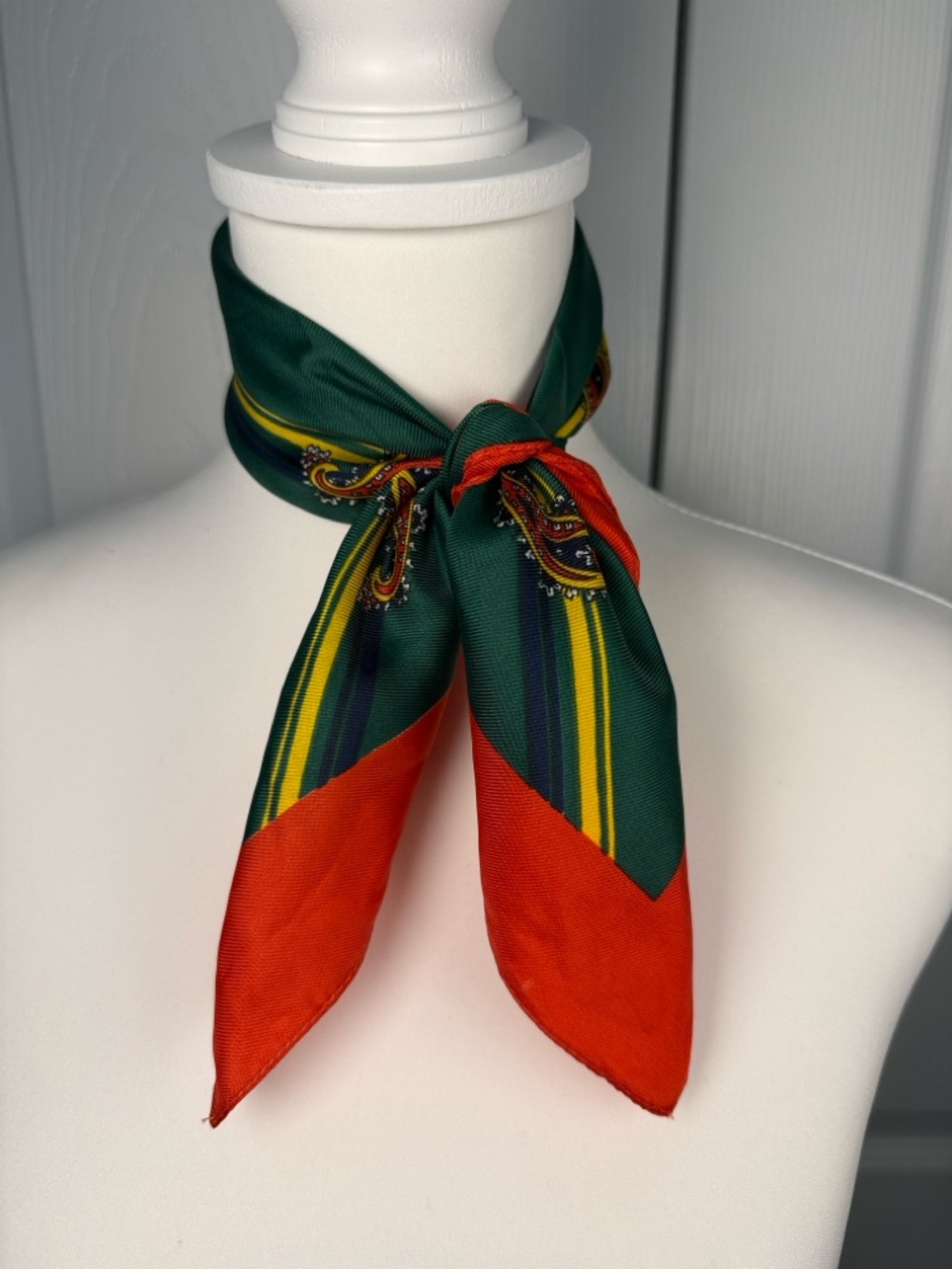 Vintage Italian Paisley Bright Red Silk-Look Scarf with Green Accent Y2K